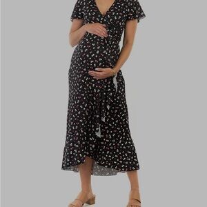 Maternity Black Scattered Floral Print Flutter Sleeve Faux Wrap Dress, L
